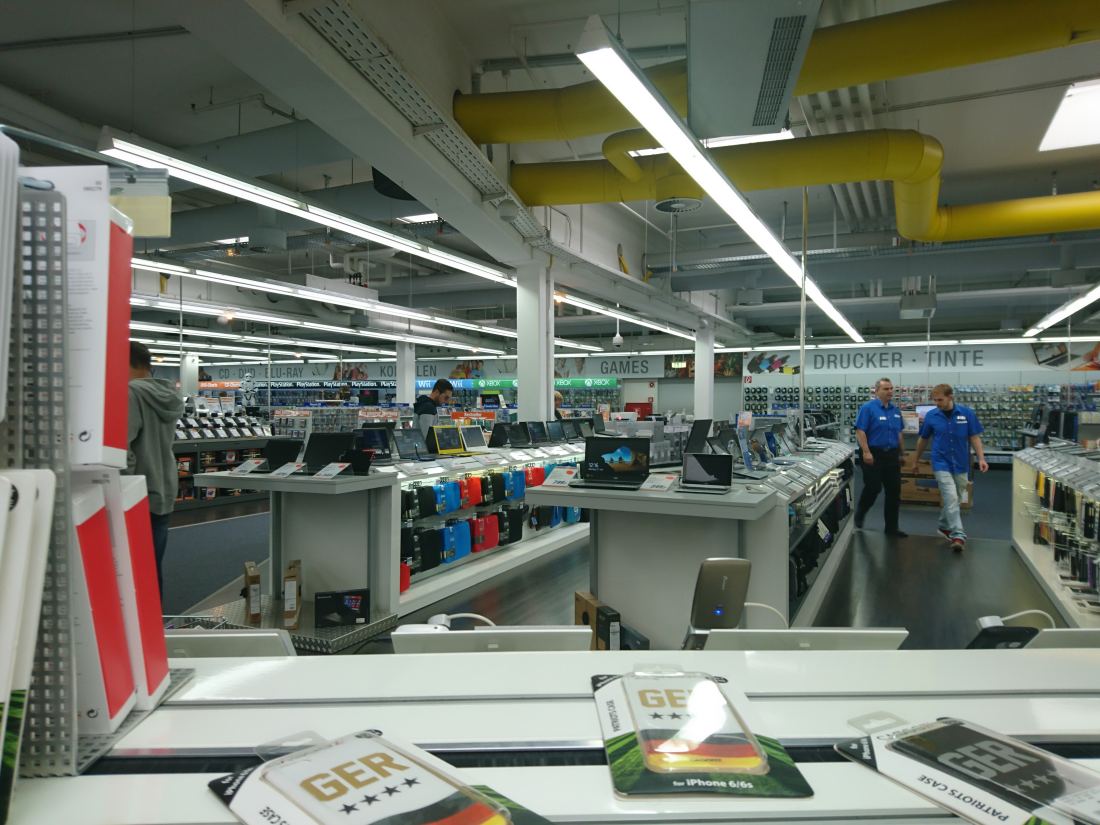 Shelves of electronics on display in a store